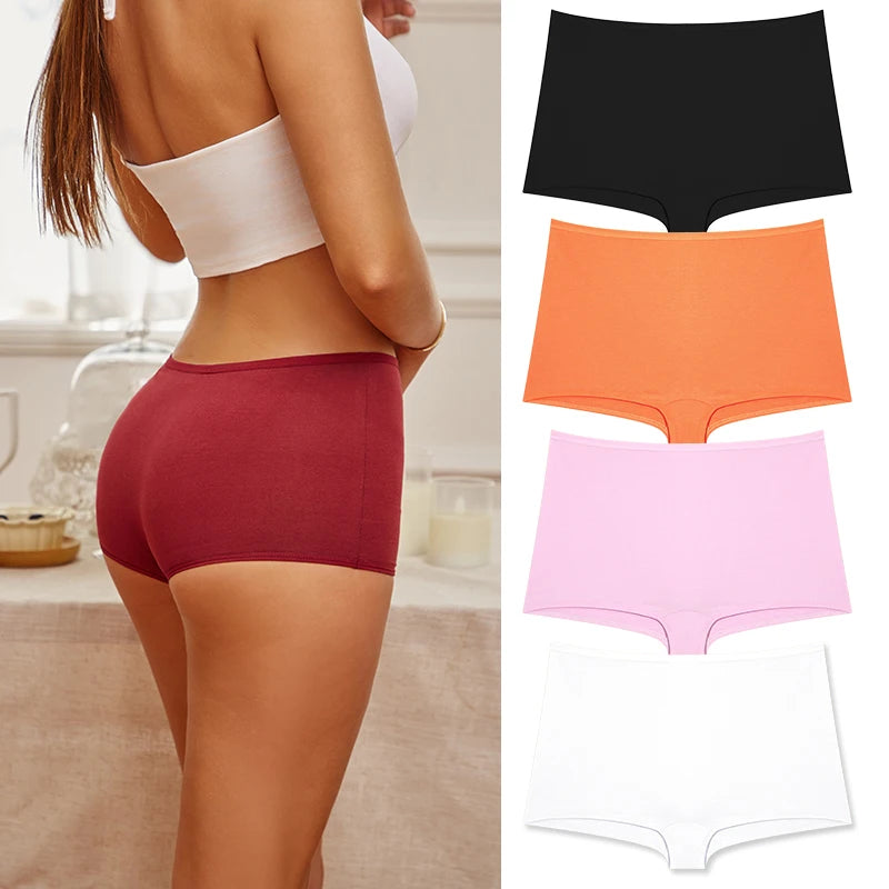 4PCS/Set Women Cotton Panties Sexy Low Rise Boyshorts Seamless Sports Boxers Female Comfortable Underwear Solid Color Lingerie.