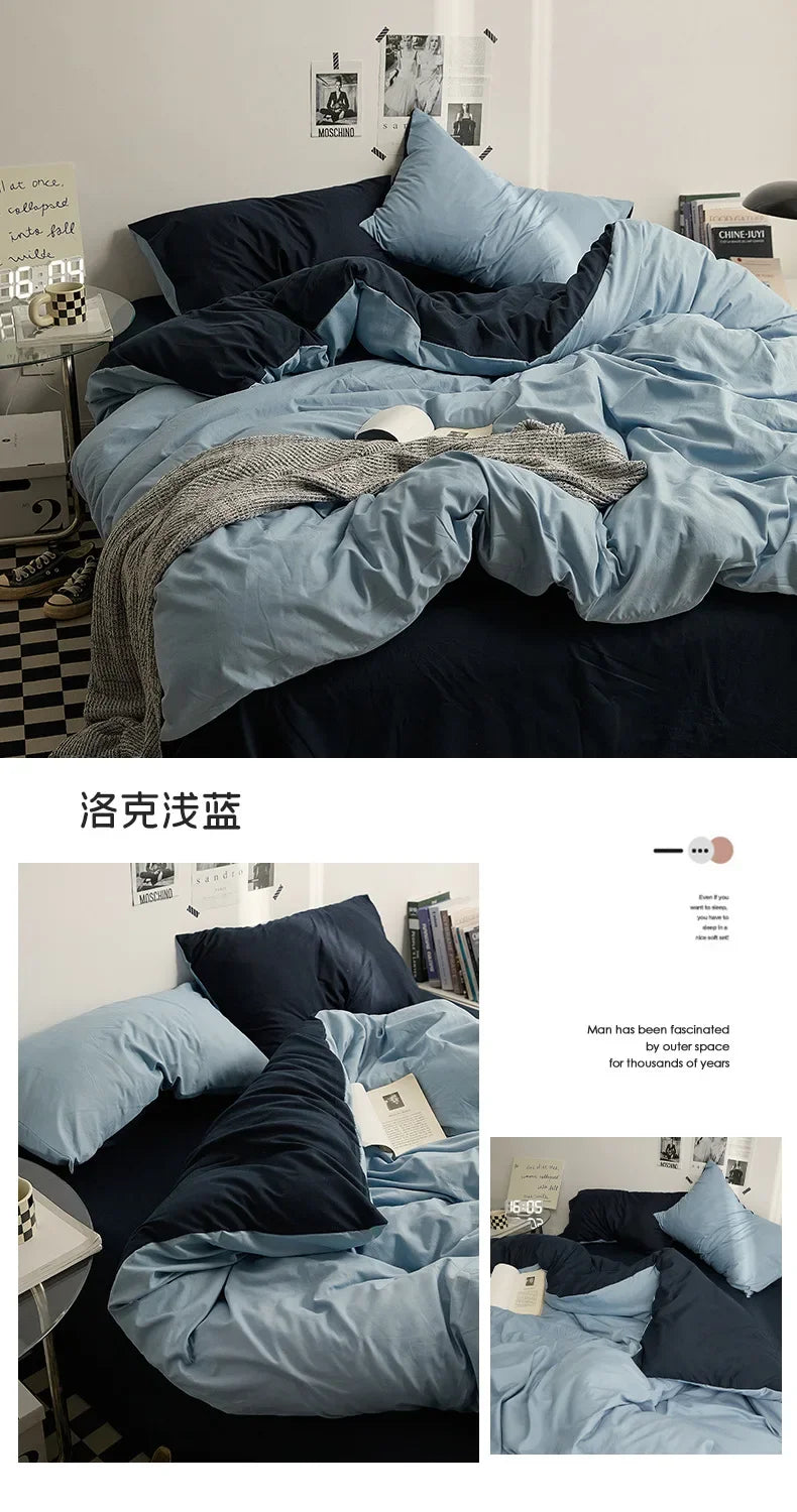 High Quality Solid Color Double Washed Cotton Bedding 4 Pieces Set Student Dormitory Bed Linen Duvet Set Bed Suit.