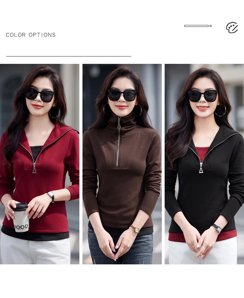 Fake two long sleeved T-shirts for women in autumn and winter, new fashionable plus size color blocked warm zipper lapel top.