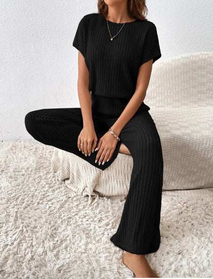 Two Piece Pant Sets Women Straight Pants Tops Pullover Short Sleeve Round Neck Spliced Top Solid Casual Streetwear Summer