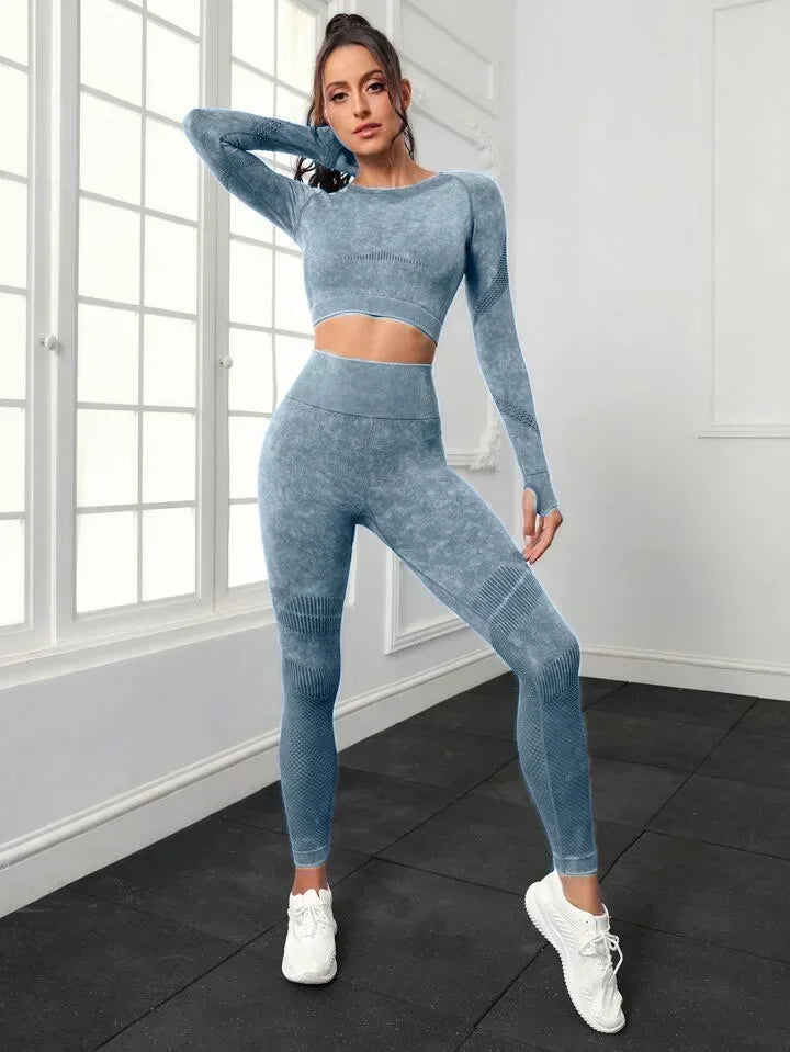 2 Piece Acid Wash Gym Set Women Seamless Long Sleeve Leggings Tracksuit Sports Fitness Suit Scrunch Workout Clothes Yoga Outfits.