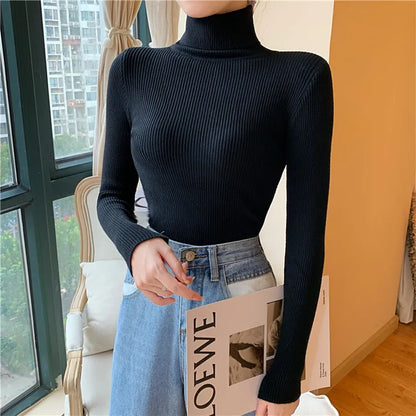 2023 herbst Winter Frauen Langarm Gestrickte Foldover Rollkragen Rippen Pull Pullover Weiche Warme Femme Jumper Pullover Kleidung