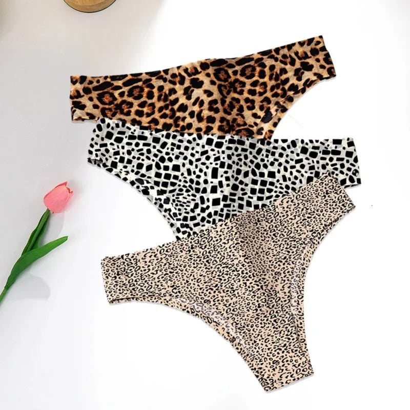 WarmSteps 3Pcs/Set Sexy Leopard Thongs Women's Panties Thongs 2024 New Female Underwear Seamless Printed Panties Ice Silk Briefs.