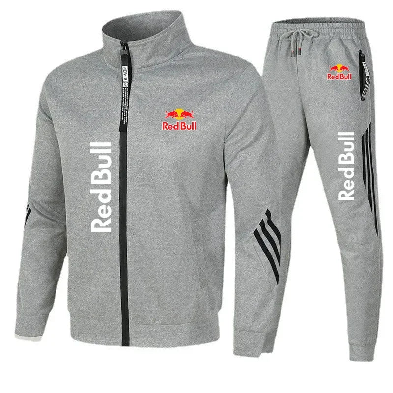 2025 Red Bull Logo Men's Hoodie Set Two-piece New Red Bull Brand Logo Printed Zipper Jacket Solid Color Simple Cycling Suit.