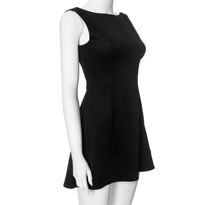 Damen-Abschlusskleid, Y2k-Mini-Trägerkleid, solides, ärmelloses, fließendes kurzes Kleid, offener Rücken über dem Knie, kurzes Sommerkleid.