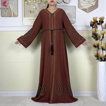 New Dubai Women Elegant Dress Diamonds Chiffon Open Abaya with Zipper Islamic Turkey Clothing Women Muslim Party Evening Dress.