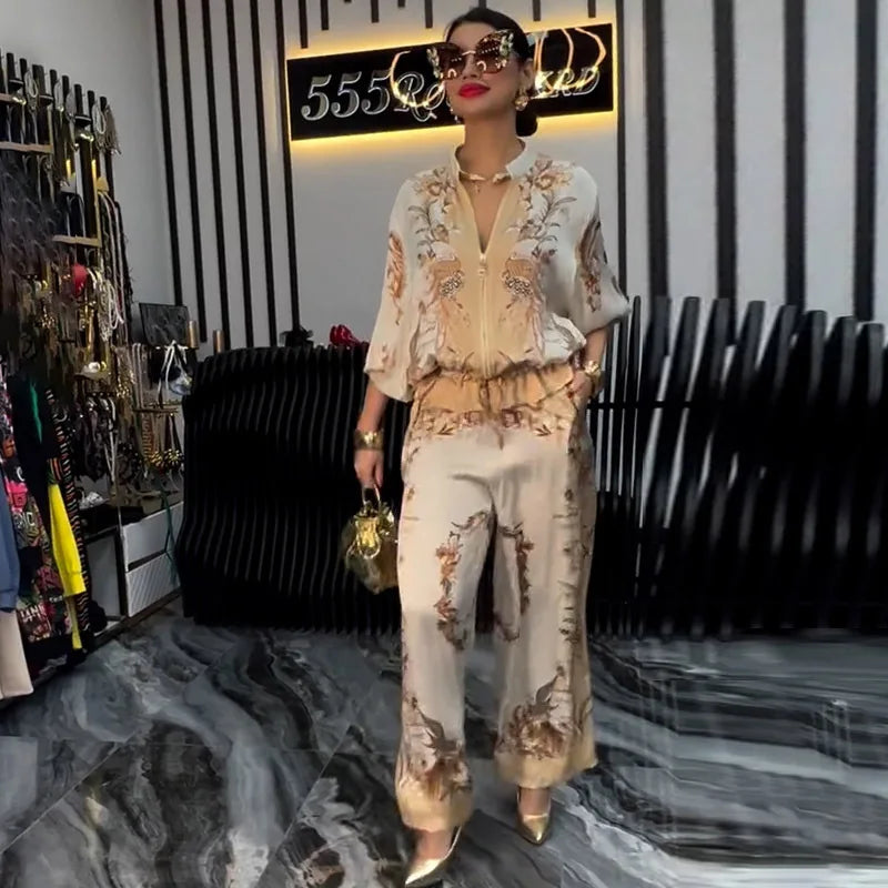 Summer Fashion Print Women's 2-piece Set Flower Zipper Baseball Uniform Drawstring Trousers Two-piece Outfit Elegant Office Suit.