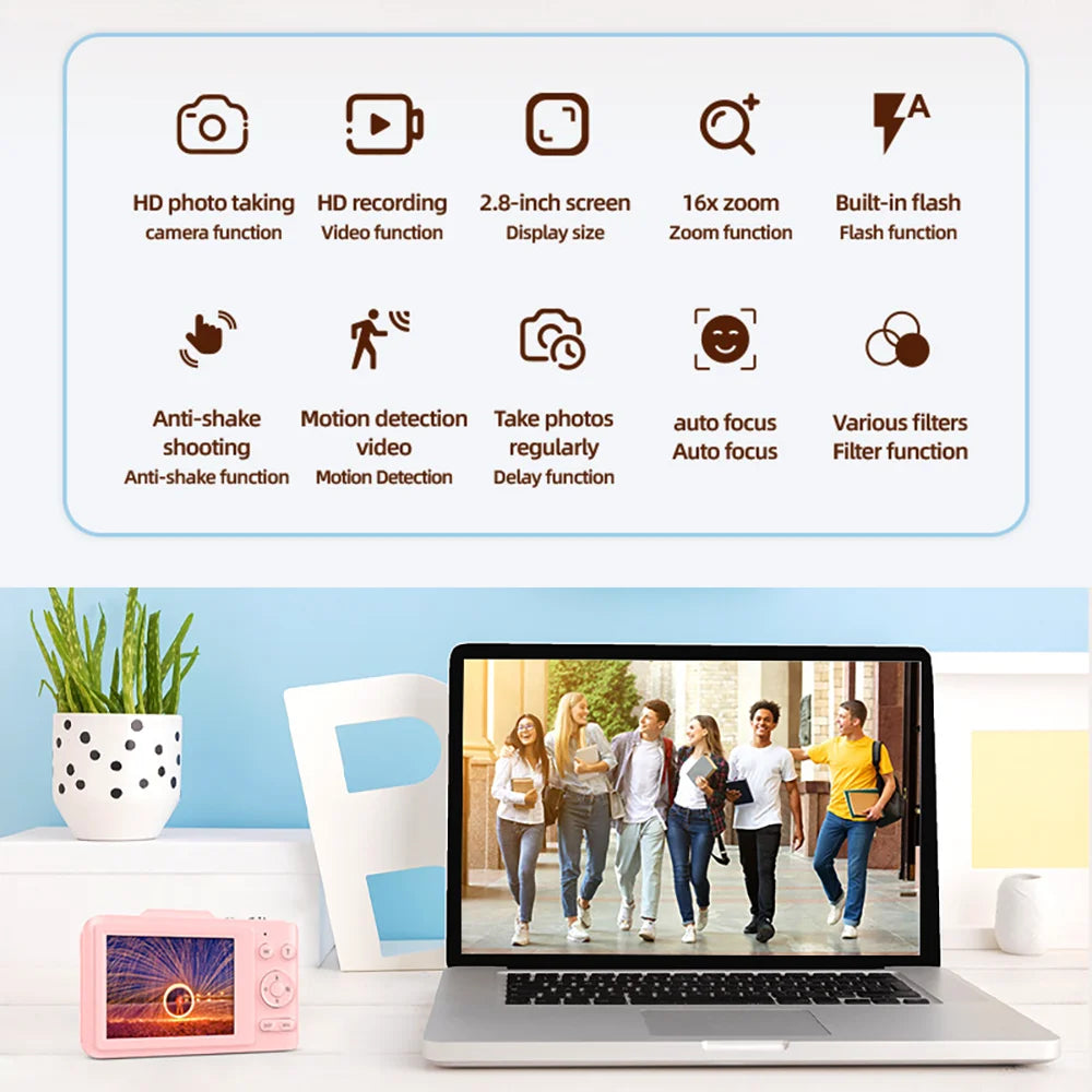 2.8 inch CCD HD 4K digital camera for Kids & students, portable and compact, perfect for family use.