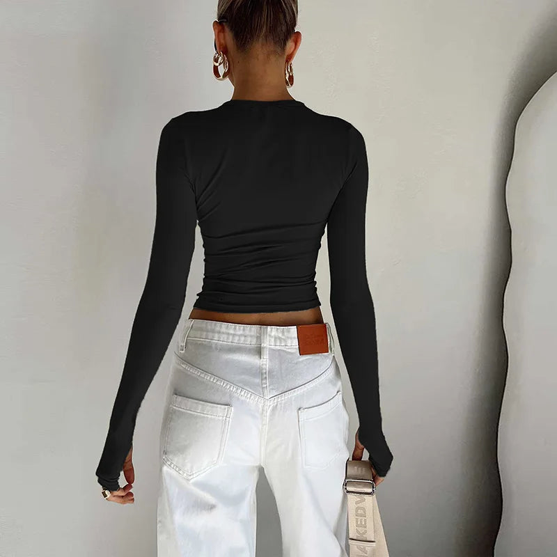 Modisches Damen-T-Shirt mit langen Ärmeln, Rundhalsausschnitt, solides Slim-Fit-Damen-Crop-Top mit Daumenlöchern für den täglichen Streetwear-Sommer-Camis