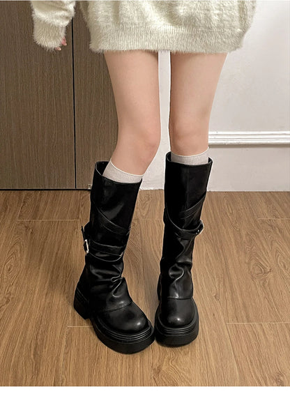 Vintage Thick Heel Women Knight Long Boots Fashion Slip On Knee High Booties Autumn Winter Shoes Zapatos De Mujer.