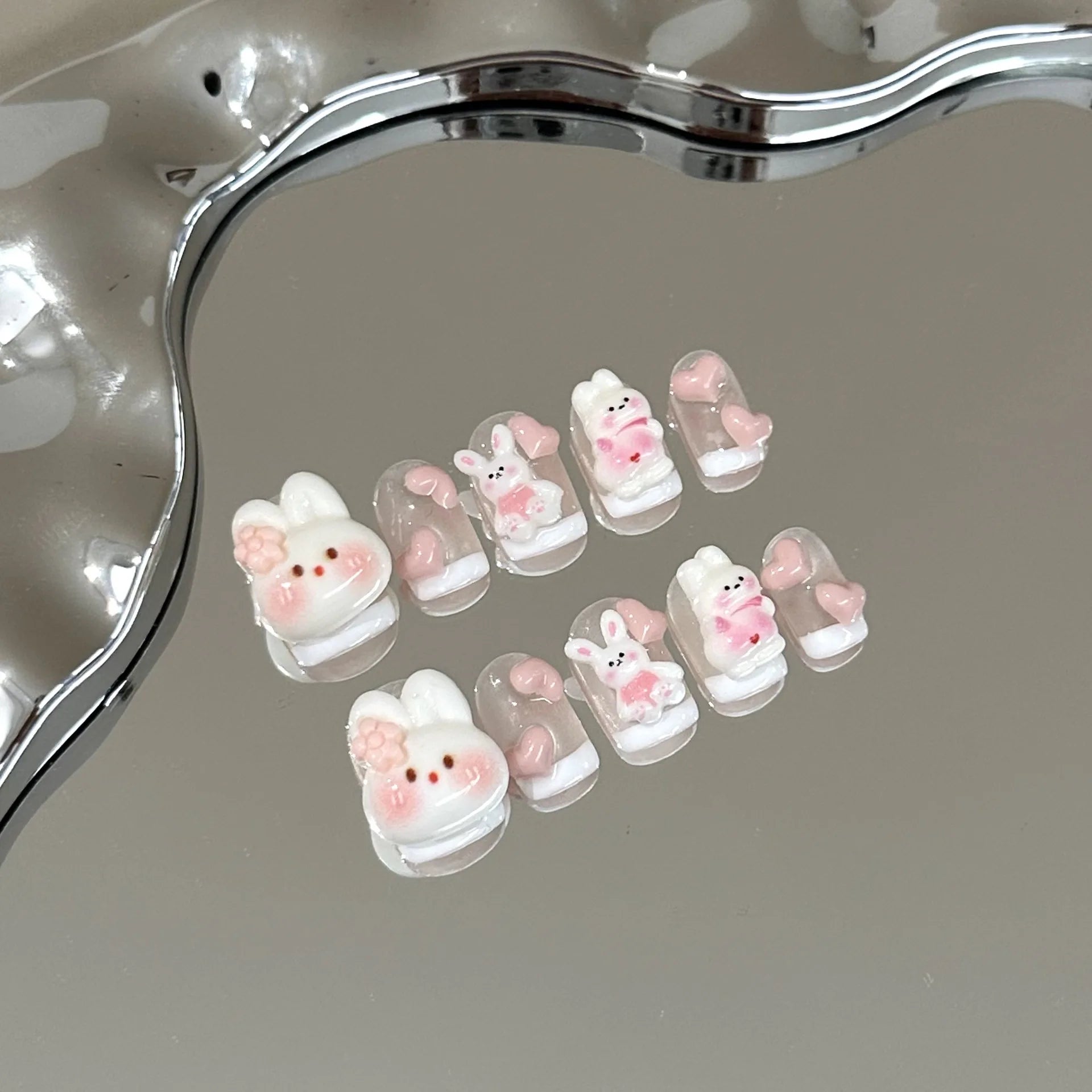 10pcs Handmade Press on Nails Pink Heart Cute White Rabbit Cartoon French False Nail for Women&Girl Detachable Wearable Nail.