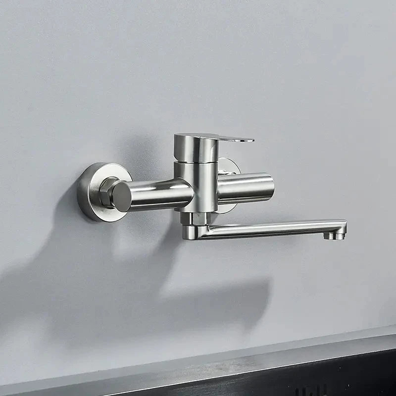 Kitchen Faucets Stainless Steel Wall Mounted Dual Hole Bathroom 360 Rotate Basin Faucet Cold Hot Water Mixer Taps With spray gun