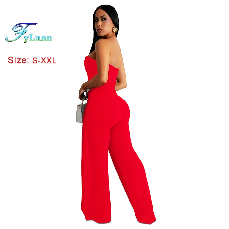 Elegant Sleeveless Wrap Chest Women's Button Strapless Irregular Jumpsuits 2025 One PieceWide Leg Outfits Night Club Streetwear.