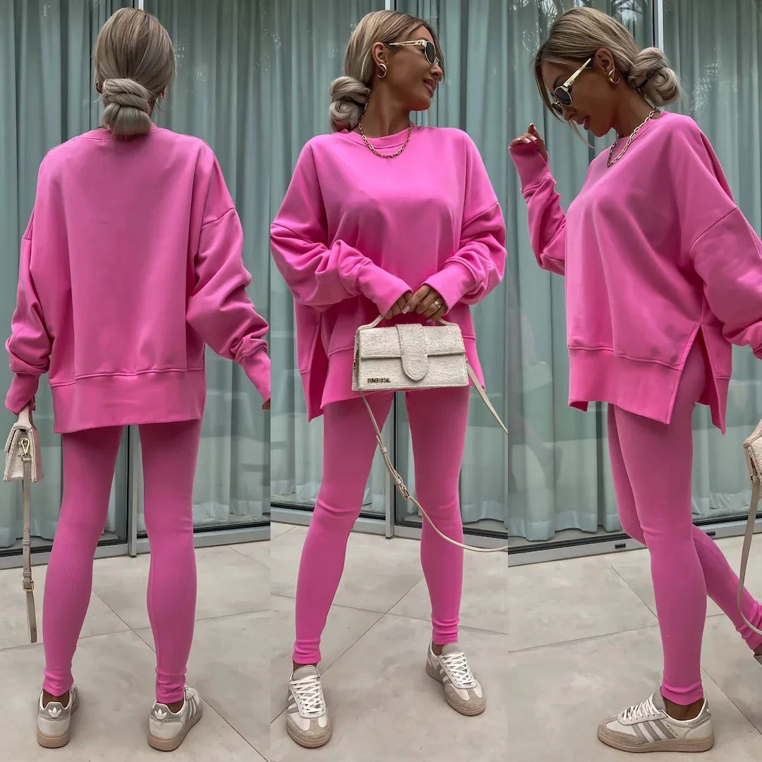 Women Pant Sets Two Pieces Tracksuit Solid Loose Sweatshirts Split Pullover Pencil Pants High Street Autumn Winter 2024.