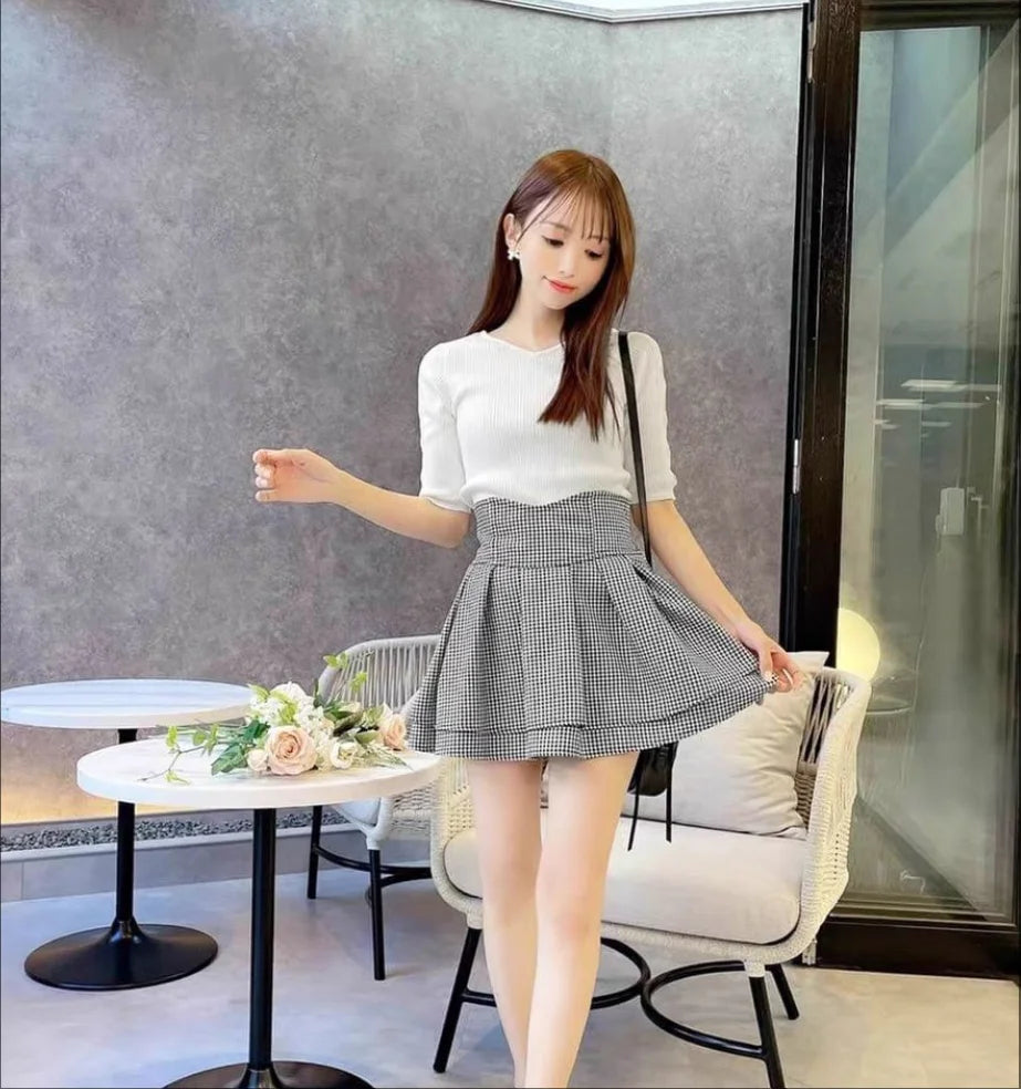 Japanese Lolita Skirts Ruffled Pleated Plaid Skirt Women 2025 Spring New Elastic High Waist Slimming Gentle Mini Skirt Culottes.