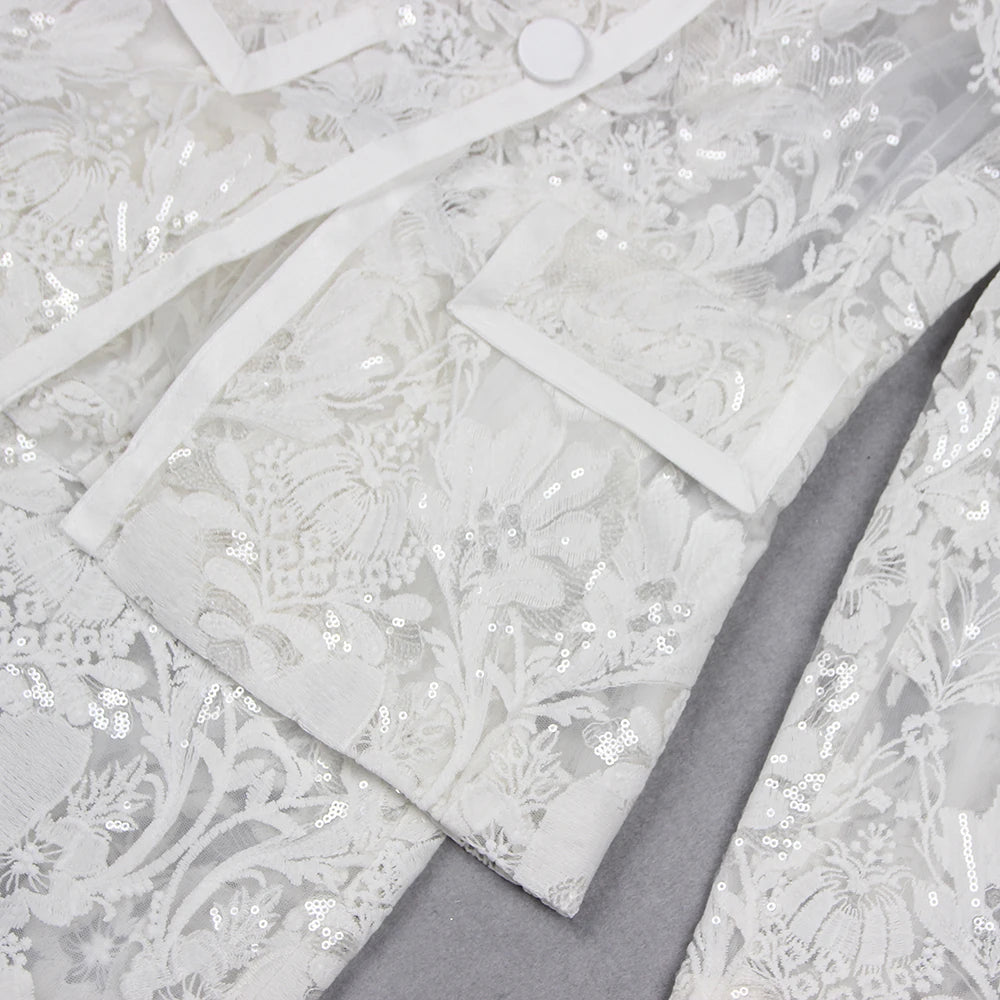 VC Pant Sets Women Fashion Sexy Hollow Out Tight Long Sleeves Blazer And Trousers Suit Mesh Outfits.