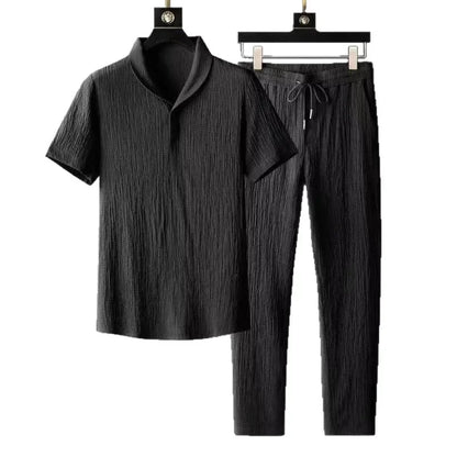 Summer Casual Thin Linen Set Men's Sport Suit Outdoor Wear Short Sleeve Long Pants Two-Piece Set Lightweight Comfortable Fit.