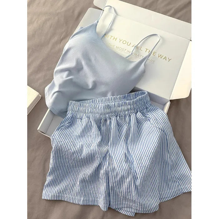 Einfarbiger Pyjama mit Brustpolstern, gestreifte Shorts für Damen, Sommer, dünne Leibchen-Shorts, Loungewear, großer Pyjama, zweiteiliges Set