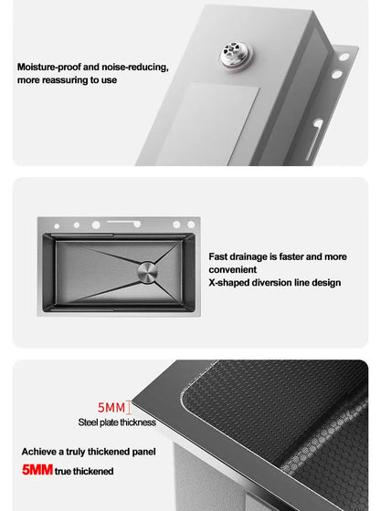 Extra Thick 5.0mm Kitchen 304 Sink, Whale Sink, Stainless Steel Large Single Sink, Waterfall Sink, Thickened Dish Sink