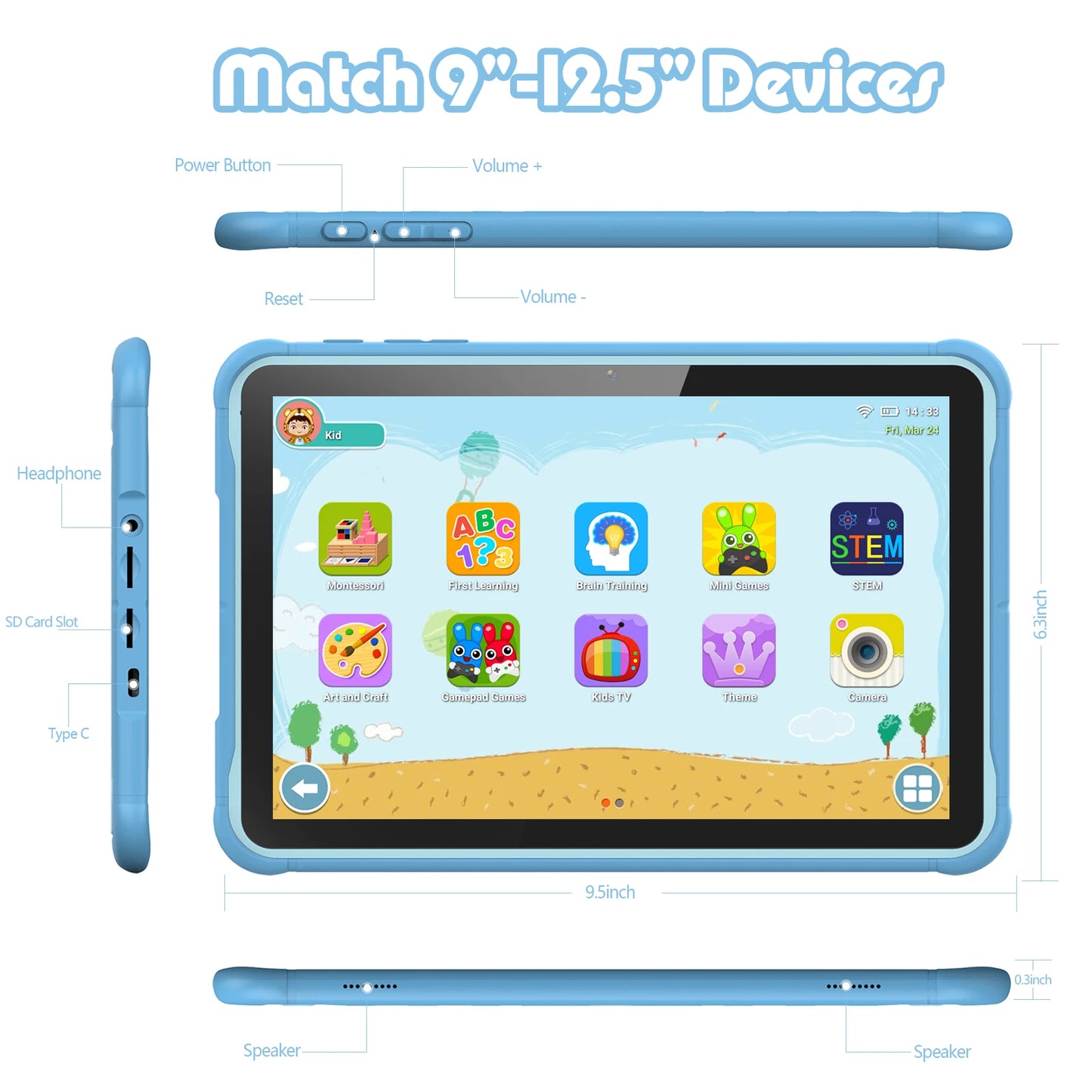 Pritom 10 Inch Kids Tablet Android 13 Go WIFI Quad Core Processor 2GB RAM 64GB ROM YouTube with Case.