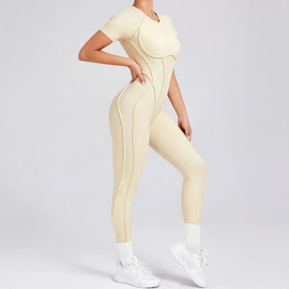 Seamless Yoga Jumpsuits Sports Fitness Hip-lifting Backless Short-sleeved One-piece Workout Gym Leggings Tracksuits for Women.
