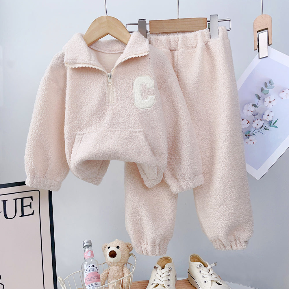 Bear Leader Girls' Set 2023 New Children's Autumn New Lamb Fleece Standing Collar Pullover Top+Pants Two Piece Kids' Fashion Set.