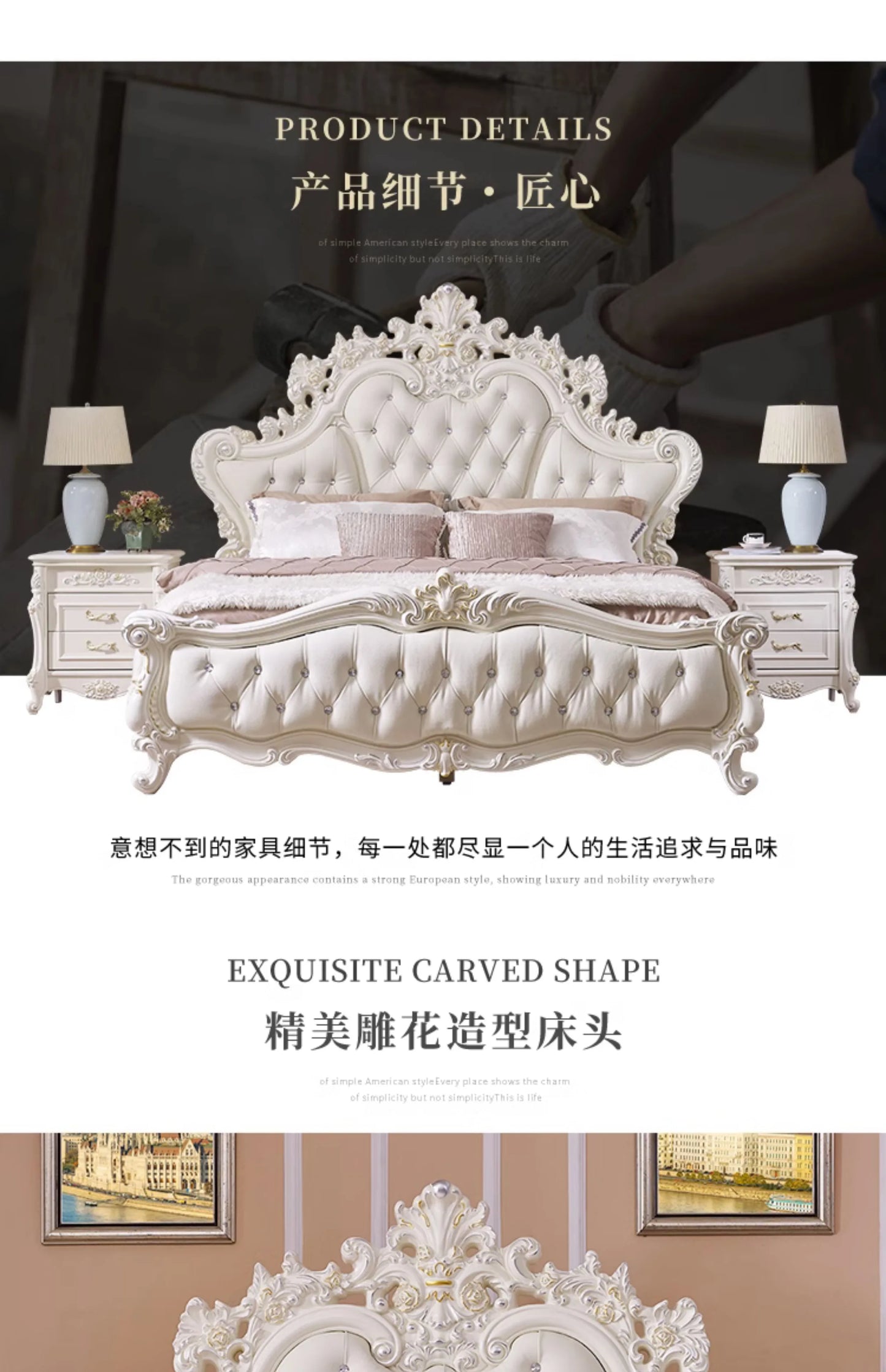 Gold Luxus gestepptes Doppelbett Holz Vintage weiche Einzelkopfteile Doppelbett Erwachsene Zuhause Camas De Dormitorio Möbel