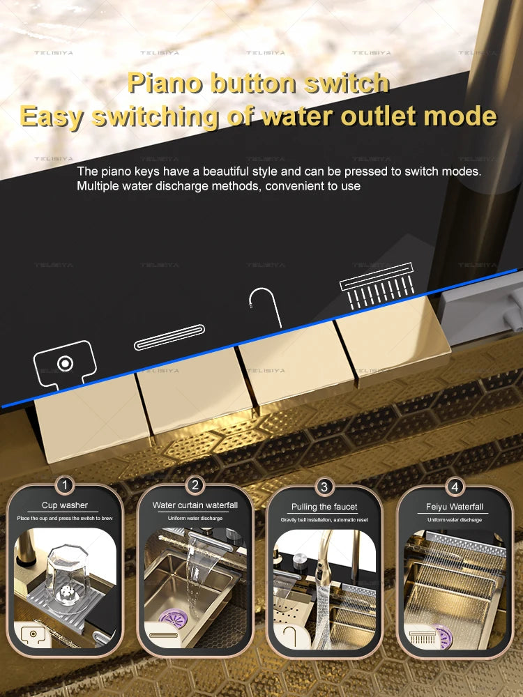 Goldenes Edelstahl-Wasserfall-Küchenspülbecken, multifunktional, groß, Einzelschlitz, Digitalanzeige, Geschirrspülbecken