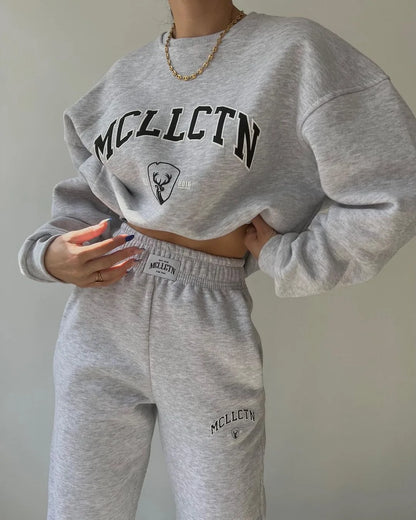 Warm Suit Autumn Winter Women Solid Set Elegant O-neck Pullover Hoodie And Pocket Trousers Two-Piece Set Lady Casual Loose Sets