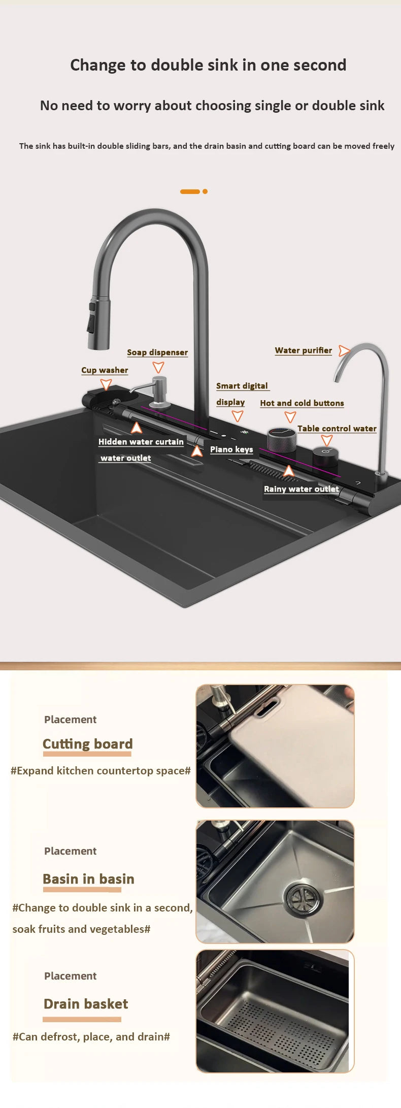 Blue Whale Dragon Rain Digital Display Large Single Sink Faucet with Integrated Multifunctional Atmosphere Light