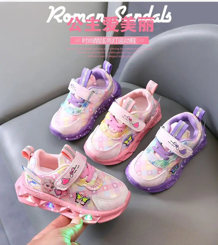 Disney LED Casual Sneakers For Spring Girls Frozen Elsa Princess Print Pu Leather Shoes Children Lighted Non-slip Pink Purple.