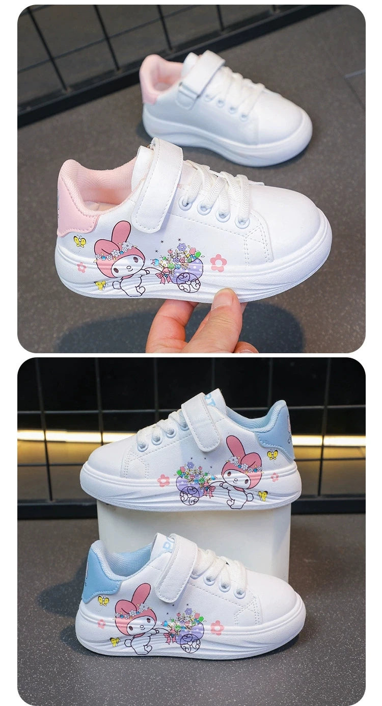Baby Girls White Shoes Kids Casual Sneakers Cartoon Soft Breathable Fashion Children White PU Leather Shoes Size 26-37.