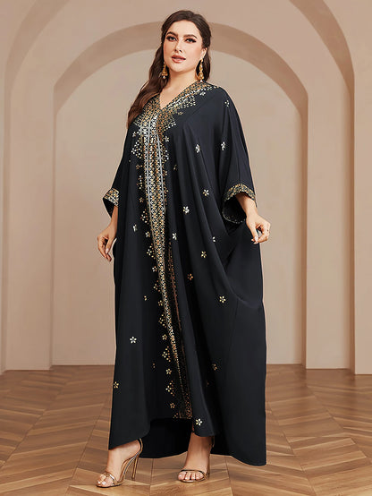 Wow! Langarm-Abaya in Übergröße mit Goldfolie – atemberaubendes arabisches Kleid, steigern Sie Ihren Stil für jede Veranstaltung!