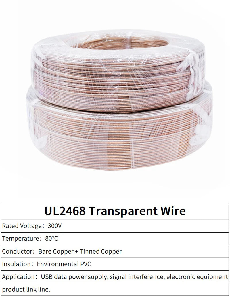 1/5/50M Electrical Wire 2 Pins Transparent Cable 30AWG - 16AWG UL2468 PVC Speakers Audio Headphone LED Strip Lamp Extension Cord.