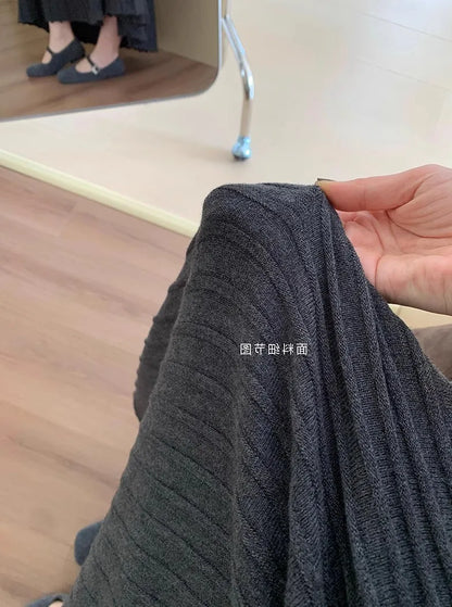 2026 Khaki Cashmere Knitted Midi Skirt for Women, Loose Fit, Draped, Slimming A-Line Pleated Skirt for Autumn and Winter