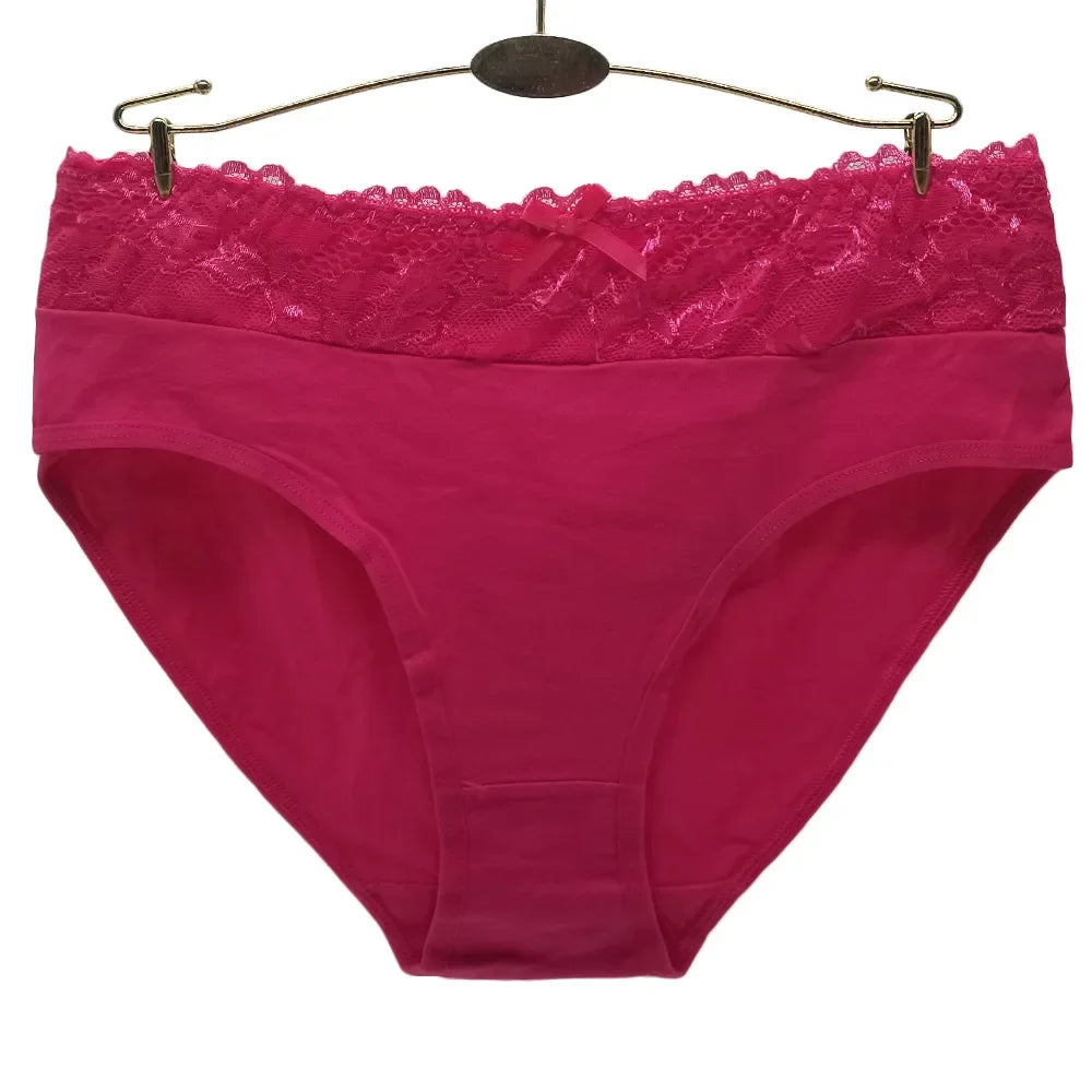 Women's cotton briefs sexy mid-rise solid lace waist patchwork panties Ladies briefs plus size women briefs underwear 3 Pcs/lot.