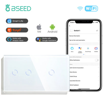 BSEED WIFI Touch Schalter Serie Wand Smart Licht Schalter Blaue LED Hintergrundbeleuchtung Glas Sensor Bildschirm Tuya APP Schalter EU Standard