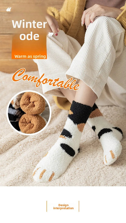 Women Socks Winter Warm Fluffy Socks Cute Animal Claw Cat Paw Footprint Fuzzy Socks Thicken Coral Fleece Home Floor Sleep Socks.