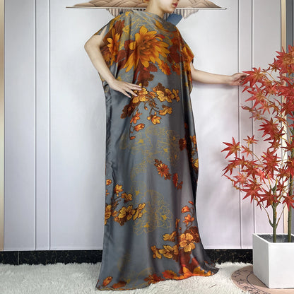 2024 New Dubai Summer Fashion For Women Printed Silk Soft Loose Femme Robe African Islam Maxi Woman Casual Dresses With Turban