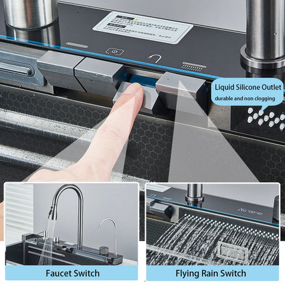Multifunktionales Wasserfall-Spülbecken für die Küche, Digitalanzeige, großes einzelnes graues Spülbecken, Spülbecken, Spüle aus Edelstahl 304