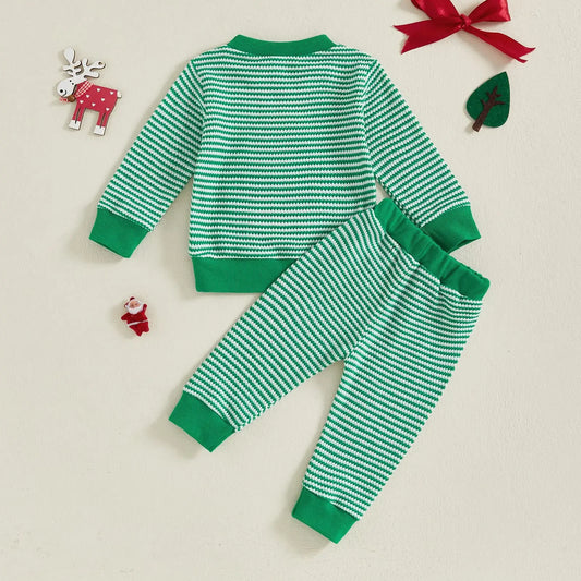 Weihnachts-Baby-Kleidung aus Baumwolle, 2-teiliges Set, 0–3 Jahre, gestreiftes Sweatshirt und Hose für Kleinkinder mit besticktem Weihnachtsbaum-Outfit