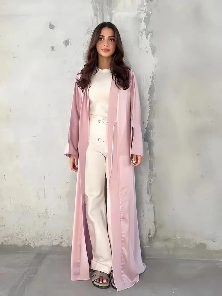 Girl Muslim Palestine Kaftan Dress Open Satin Kimono Pink Abaya Women Dubai Clothing Kebaya Robe Caftan Marocain Femme Musulmane.