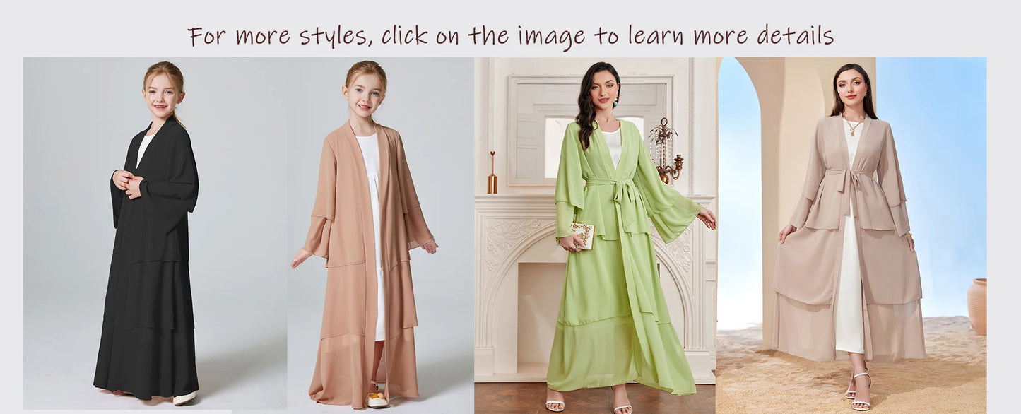 Ramadan Kebaya Muslim Girls Abaya 3 Layered Chiffon Kids Abaya Dress Open Front   Outerwear (Without Hijab).