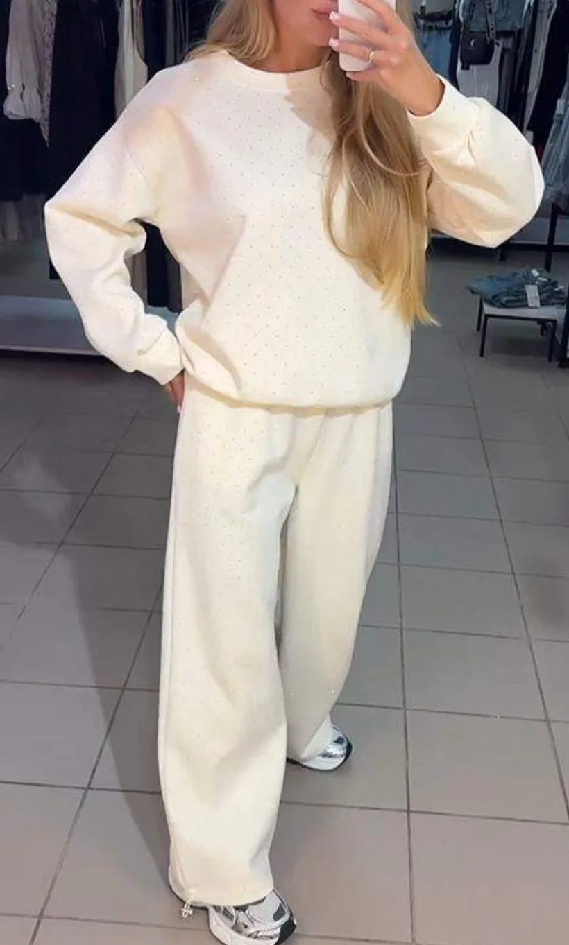 Fall Winter Rhinestone Shiny Loose Fit Set Women O Neck Sweatshirt Pullover Tie-up Pants Tracksuit Retro Loose Sport 2 Pice Set.