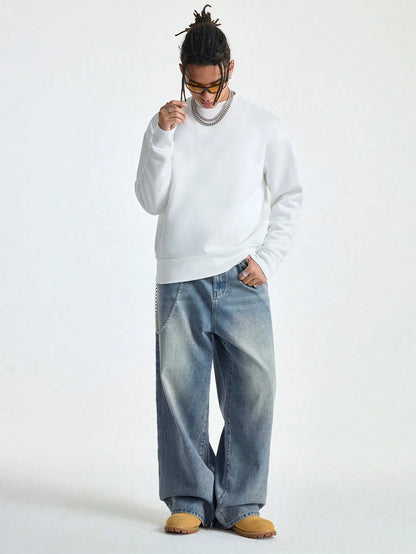 1Pc Men's Wide Pants Brushed Jeans Wide Jeans Y2K New Rocks Jeans Buggy Black Hip-Hop Pants.