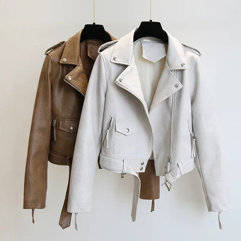 Dünne Jacke mit Gürtel Weibliche Streetwear Leder Mantel Biker Moto Frühling Herbst Frauen Faux Leder Jacke Oberbekleidung Neue Mode.