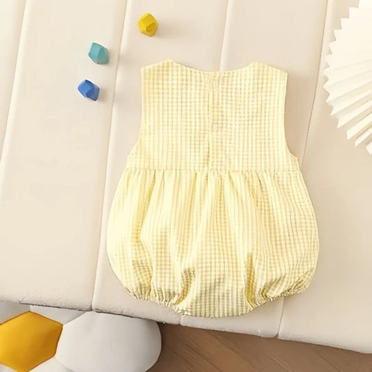 0–2 Jahre Neugeborene Kinder, bezaubernder Baby-Mädchen-Strampler aus Baumwollgaze, gelb kariert, bezauberndes besticktes Enten-Design – weich und süß