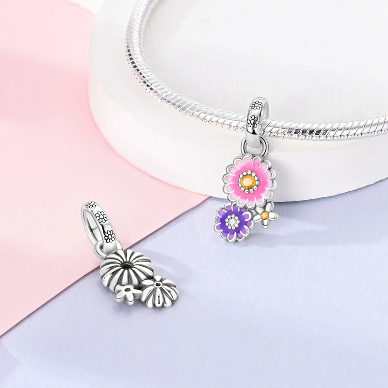 Flowers Series 925 Sterling Silver Sunflowers Tulip Carnation Charms Fit Original Bracelet  For Women Jewelry Making.