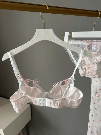 YUQI Kawaii Lace Bralette Set Japanese Floral Mesh Underwear Summer Ultra-Thin Lace-Up Cutout Romantic Bra 2024 New Kawaii set.