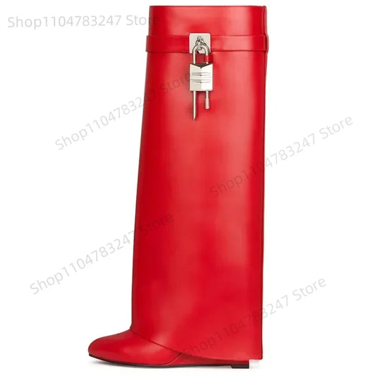 2025 Autumn Winter Lock Boots Women Designer Knee Boots Women Brand High Heel Knight Boots Fold Fashion Gothic Wedge Long Boot.